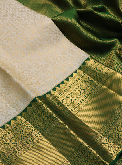 Cream & Bottle Green Pure Kanchipuram Silk Saree - Brocade