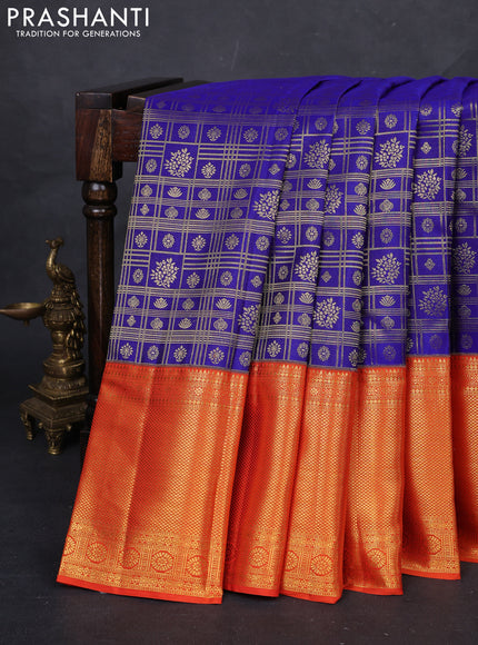Blue & Orange Pure Kanchipuram Silk Saree - Brocade
