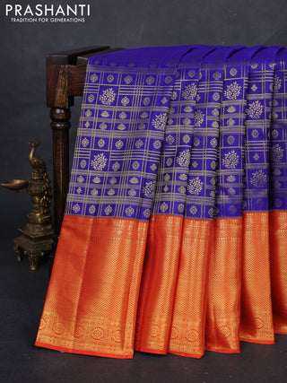 Blue & Orange Pure Kanchipuram Silk Saree - Brocade