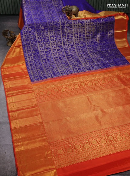 Blue & Orange Pure Kanchipuram Silk Saree - Brocade