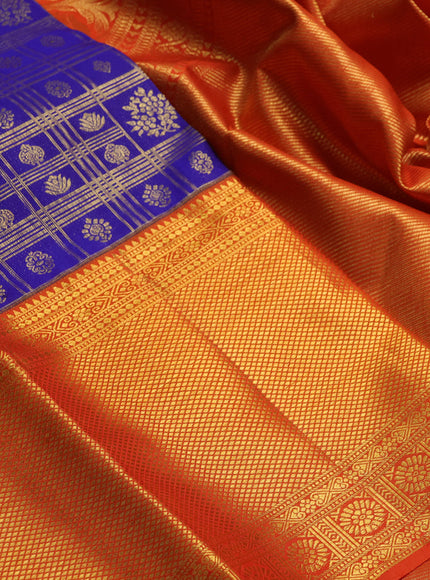 Blue & Orange Pure Kanchipuram Silk Saree - Brocade