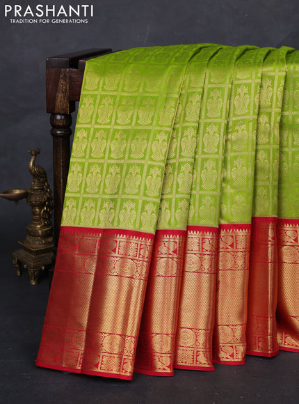 Light Green & Red Pure Kanchipuram Silk Saree - Brocade