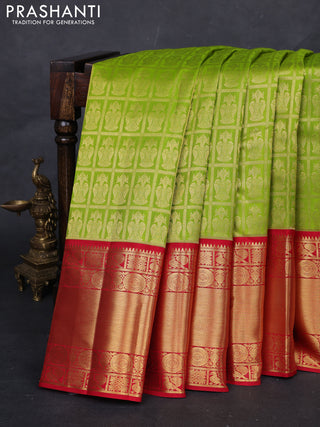 Light Green & Red Pure Kanchipuram Silk Saree - Brocade