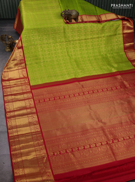 Light Green & Red Pure Kanchipuram Silk Saree - Brocade