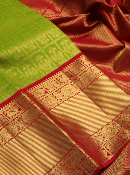 Light Green & Red Pure Kanchipuram Silk Saree - Brocade