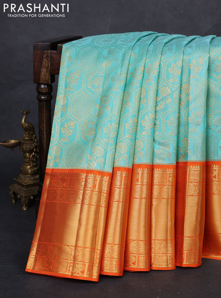 Teal Blue & Orange Pure Kanchipuram Silk Saree - Brocade