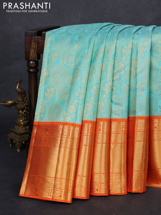 Teal Blue & Orange Pure Kanchipuram Silk Saree - Brocade