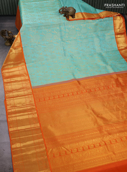 Teal Blue & Orange Pure Kanchipuram Silk Saree - Brocade