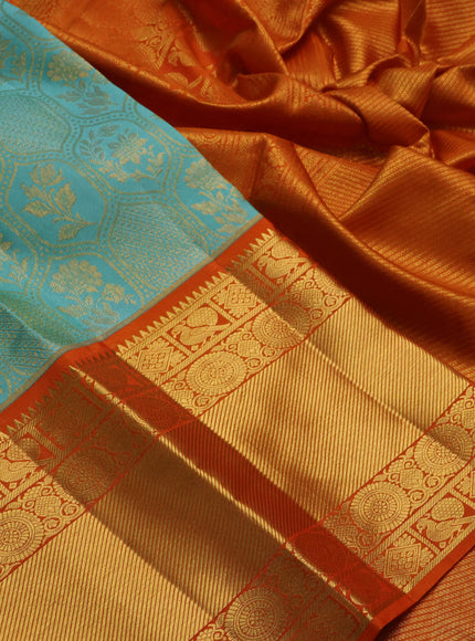 Teal Blue & Orange Pure Kanchipuram Silk Saree - Brocade