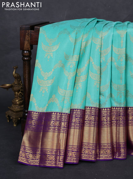 Teal Blue & Purple Pure Kanchipuram Silk Saree - Brocade