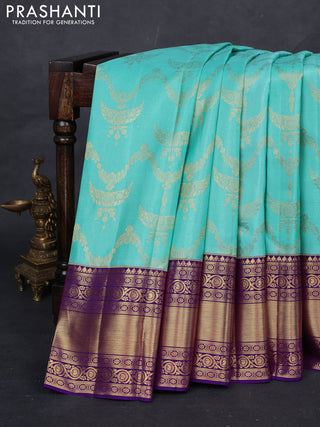 Teal Blue & Purple Pure Kanchipuram Silk Saree - Brocade