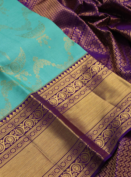 Teal Blue & Purple Pure Kanchipuram Silk Saree - Brocade