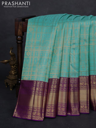 Teal Blue & Purple Pure Kanchipuram Silk Saree - Brocade