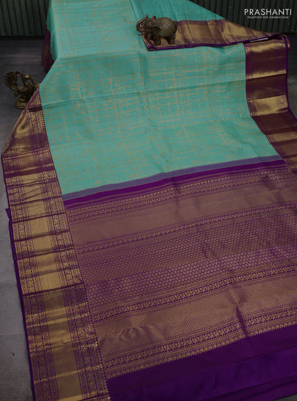 Teal Blue & Purple Pure Kanchipuram Silk Saree - Brocade