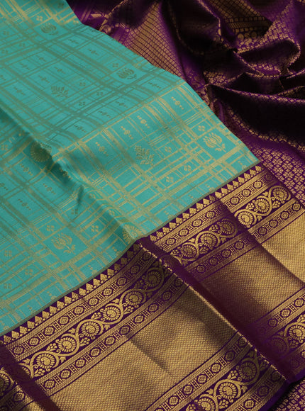 Teal Blue & Purple Pure Kanchipuram Silk Saree - Brocade