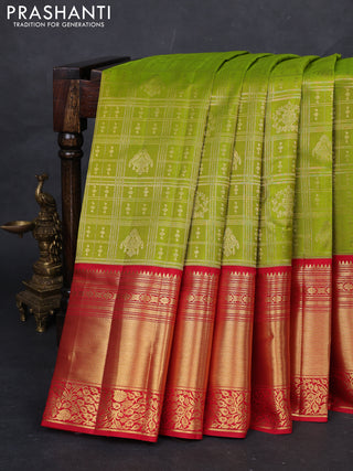 Light Green & Red Pure Kanchipuram Silk Saree - Brocade