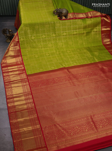 Light Green & Red Pure Kanchipuram Silk Saree - Brocade