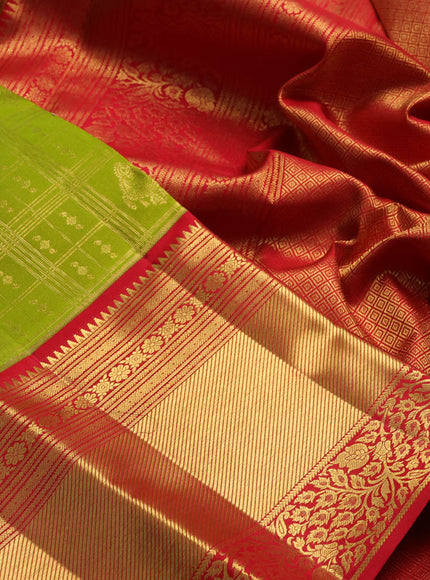 Light Green & Red Pure Kanchipuram Silk Saree - Brocade