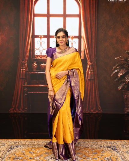 Yellow & Purple Pure Kanchipuram Silk Saree - Brocade