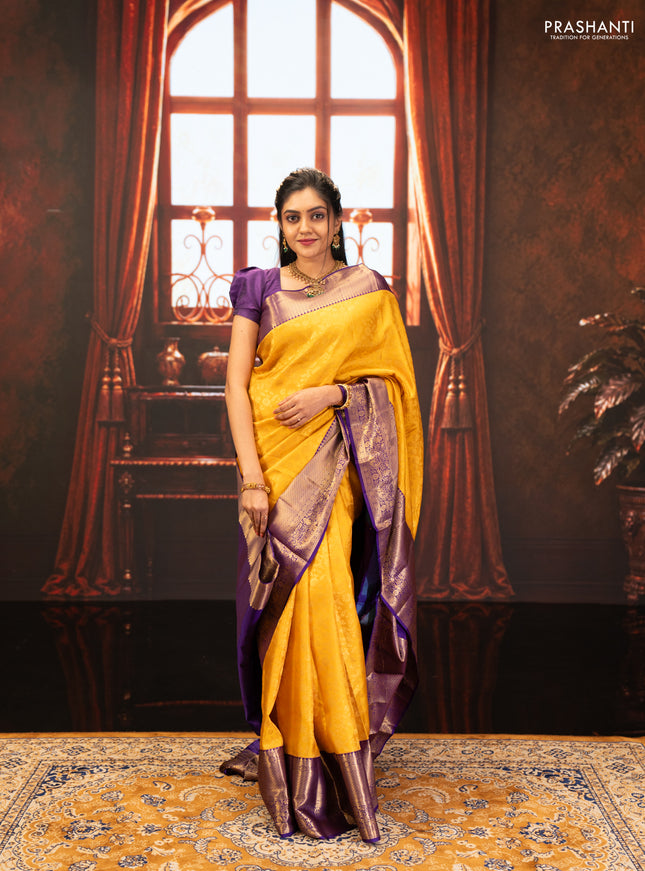 Yellow & Purple Pure Kanchipuram Silk Saree - Brocade