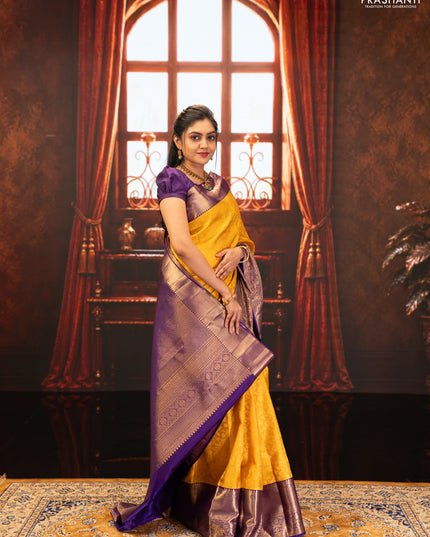 Yellow & Purple Pure Kanchipuram Silk Saree - Brocade
