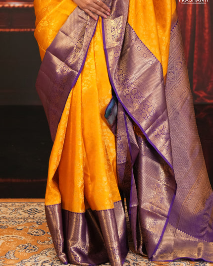 Yellow & Purple Pure Kanchipuram Silk Saree - Brocade