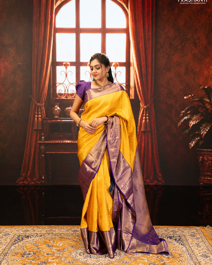 Yellow & Purple Pure Kanchipuram Silk Saree - Brocade