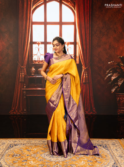 Yellow & Purple Pure Kanchipuram Silk Saree - Brocade