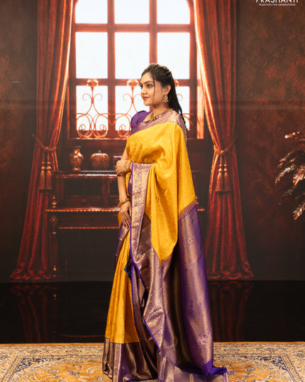 Yellow & Purple Pure Kanchipuram Silk Saree - Brocade