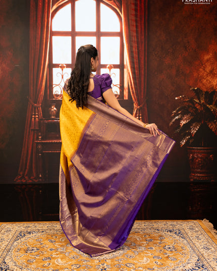 Yellow & Purple Pure Kanchipuram Silk Saree - Brocade