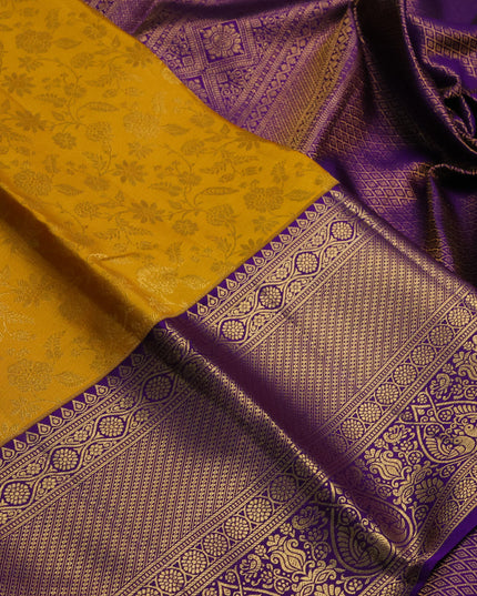 Yellow & Purple Pure Kanchipuram Silk Saree - Brocade