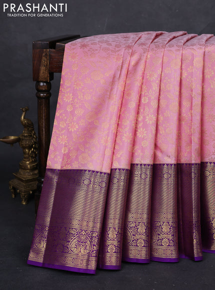 Baby Pink & Violet Pure Kanchipuram Silk Saree - Brocade