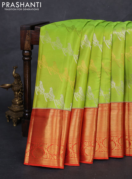 Fluorescent Green & Orange Pure Kanchipuram Silk Saree - Brocade