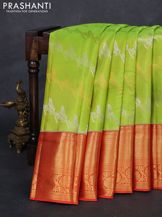 Fluorescent Green & Orange Pure Kanchipuram Silk Saree - Brocade