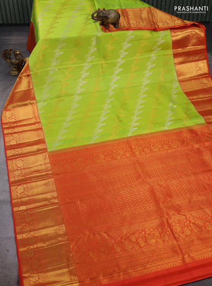 Fluorescent Green & Orange Pure Kanchipuram Silk Saree - Brocade