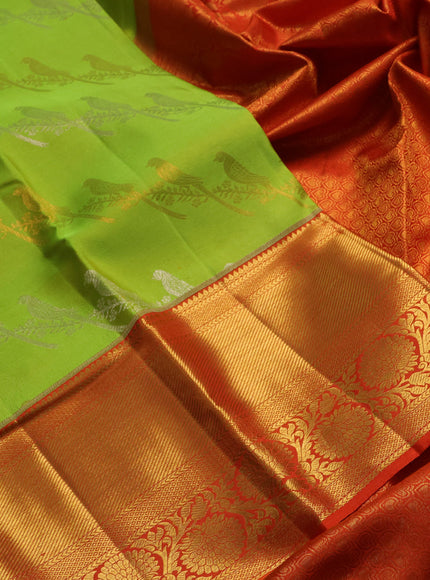 Fluorescent Green & Orange Pure Kanchipuram Silk Saree - Brocade