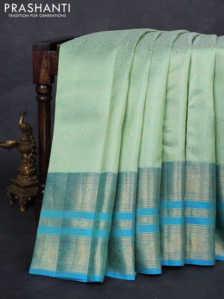 Pista Green & Cs Blue Pure Kanchipuram Silk Saree - Brocade