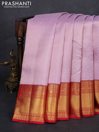 Lilac & Red Pure Kanchipuram Silk Saree - Brocade