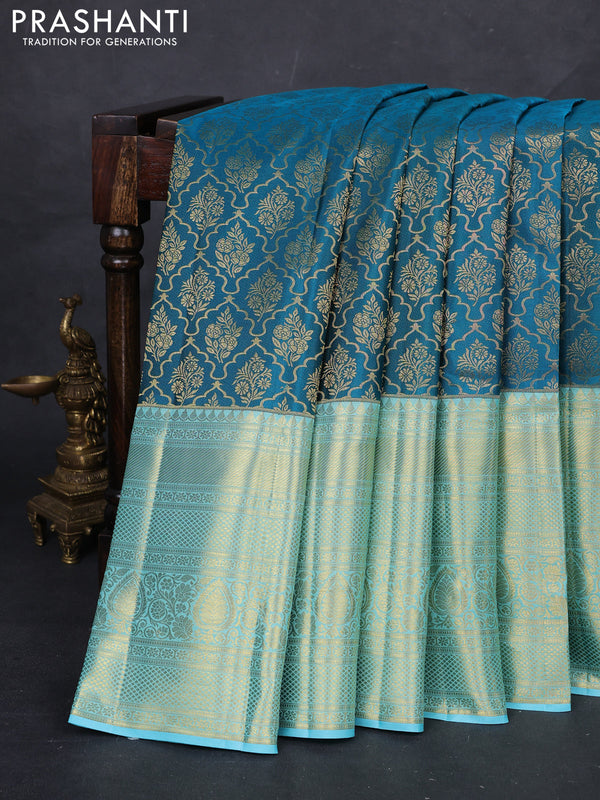 Peacock Blue & Light Blue Pure Kanchipuram Silk Saree - Brocade