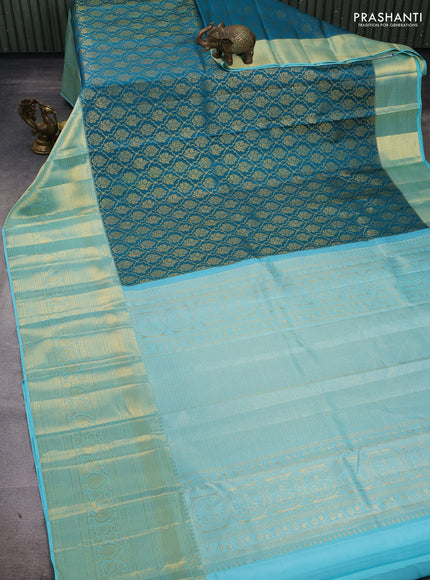 Peacock Blue & Light Blue Pure Kanchipuram Silk Saree - Brocade