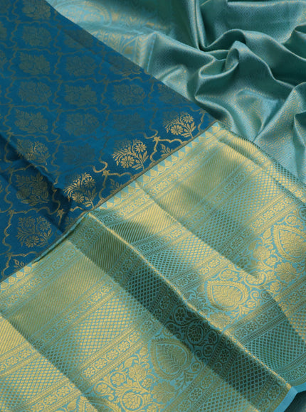 Peacock Blue & Light Blue Pure Kanchipuram Silk Saree - Brocade
