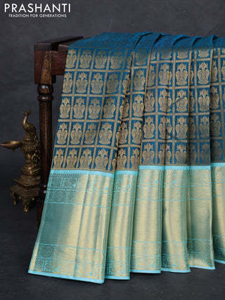 Peacock Blue & Light Blue Pure Kanchipuram Silk Saree - Brocade