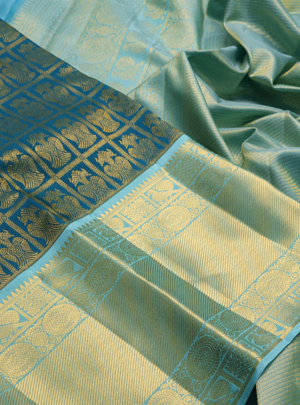 Peacock Blue & Light Blue Pure Kanchipuram Silk Saree - Brocade