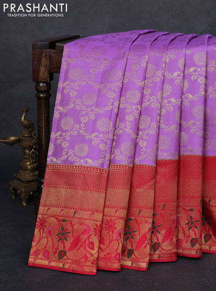 Lavender & Red Pure Kanchipuram Silk Saree - Brocade