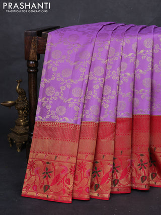 Lavender & Red Pure Kanchipuram Silk Saree - Brocade