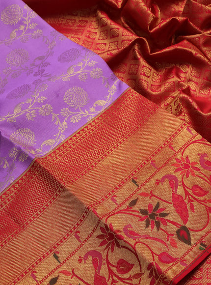 Lavender & Red Pure Kanchipuram Silk Saree - Brocade