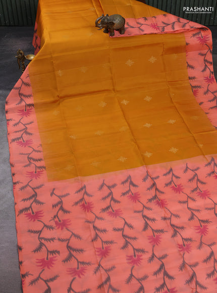 Mustard Yellow & Peach Ikat Soft Silk Saree