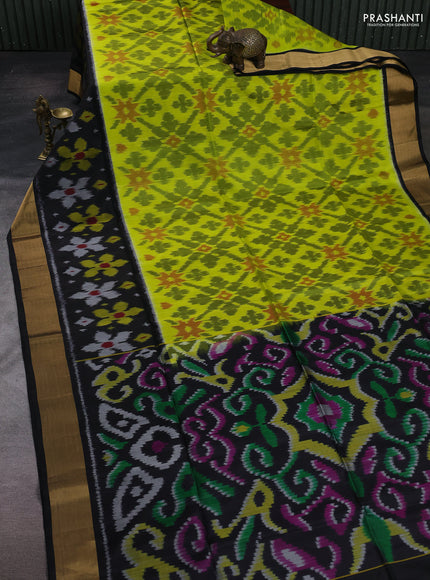 Lime Yellow & Black Ikat Soft Silk Saree