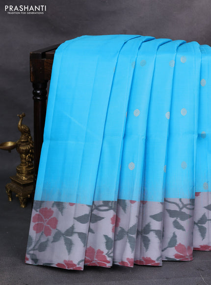Sky Blue & Grey Ikat Soft Silk Saree