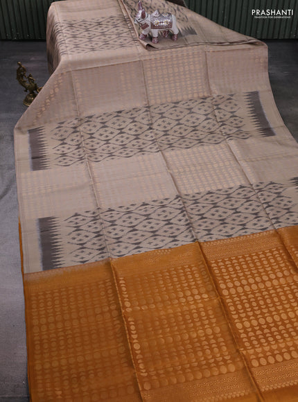 Beige & Mustard Ikat Soft Silk Saree